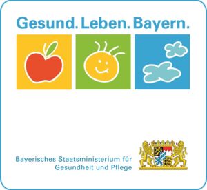 Logo der Initiative Gesund. Leben. Bayern. mit Apfel, Smiley, Wolken und Bayerischem Staatswappen