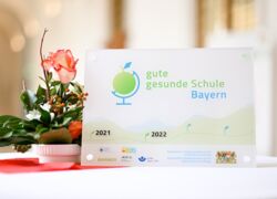 Plakette des Landesprogramms gute gesunde Schule mit Blumenschmuck