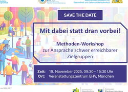 Titelseite Veranstaltungsflyer mit Save the Date zum Methoden-Workshop zur Ansprache schwer erreichbarer Zielgruppen am 19.11.25 ab 09.30 Uhr