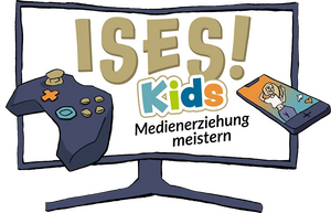 Bildschirm, Handy, Spielekonsole und Schrift "ISES - Medienerziehung meistern"