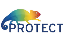 PROTECT Logo bestehend aus Schriftzug und buntem Chamäleon
