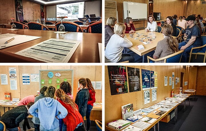 Collage aus vier Bildern, die Veranstaltungsteilnehmende in verschiedenen Situationen und Informationsmaterial zeigt