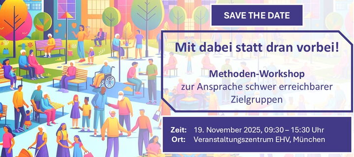 Titelseite Veranstaltungsflyer mit Save the Date zum Methoden-Workshop zur Ansprache schwer erreichbarer Zielgruppen am 19.11.25 ab 09.30 Uhr