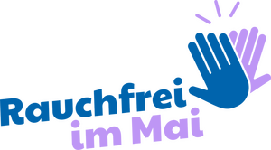 Text Rauchfrei im Mai und zwei Hände die einklatschen in den Farben blau und violett