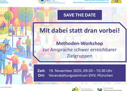 Titelseite Veranstaltungsflyer mit Save the Date zum Methoden-Workshop zur Ansprache schwer erreichbarer Zielgruppen am 19.11.25 ab 09.30 Uhr