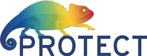 Logo des Projektes Protect mit Schriftzug  "Protect" und einem bunten Chameleon