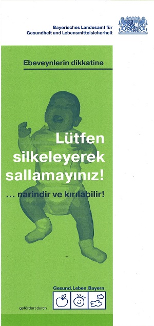 Titelseite des Flyers, grüner Hintergrund, schreiendes Baby