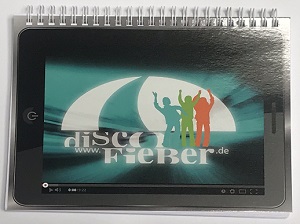 Titelseite des Notizbuchs mit Logo Disco-Fieber